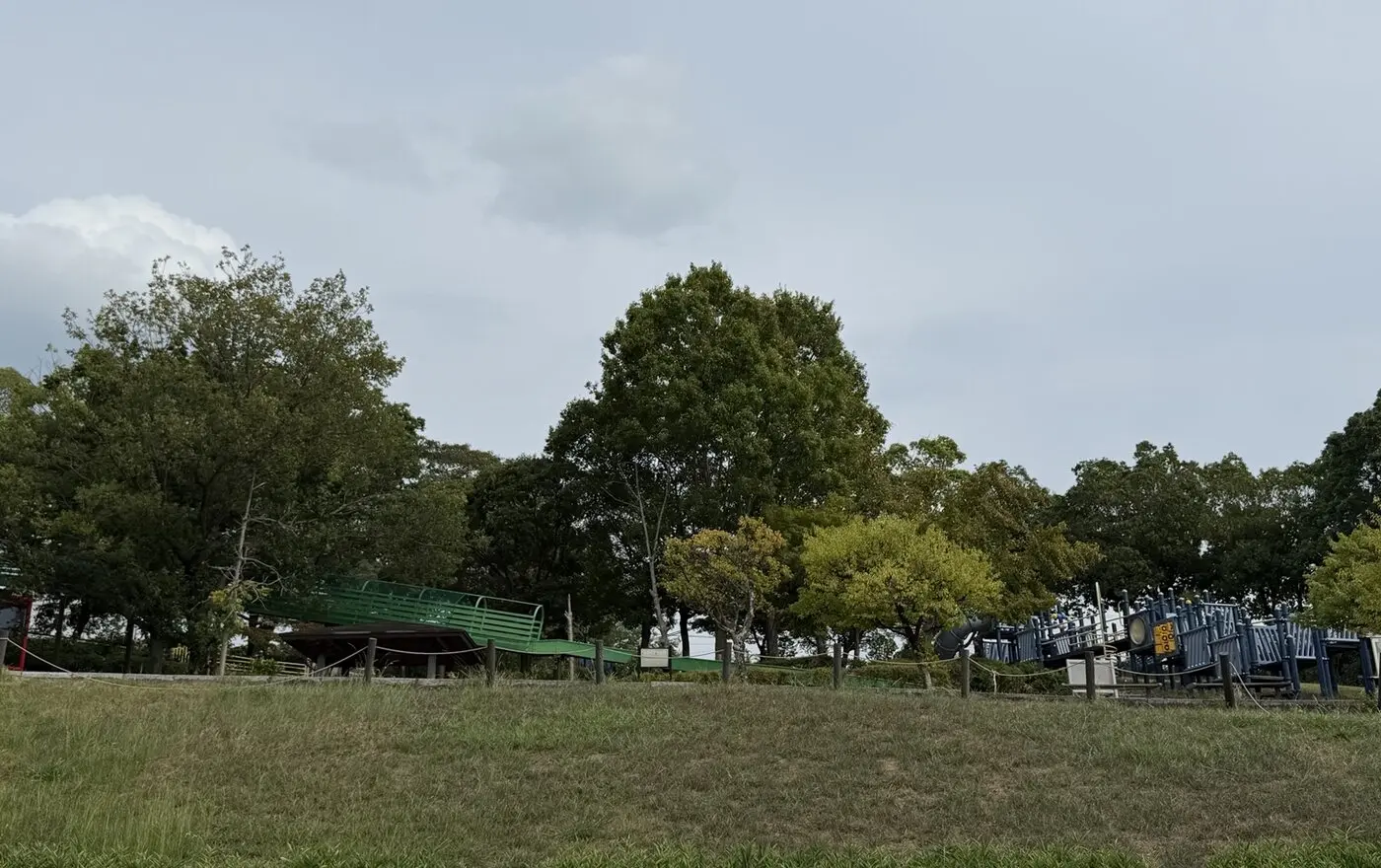 木々に囲まれたローラー滑り台と大型遊具