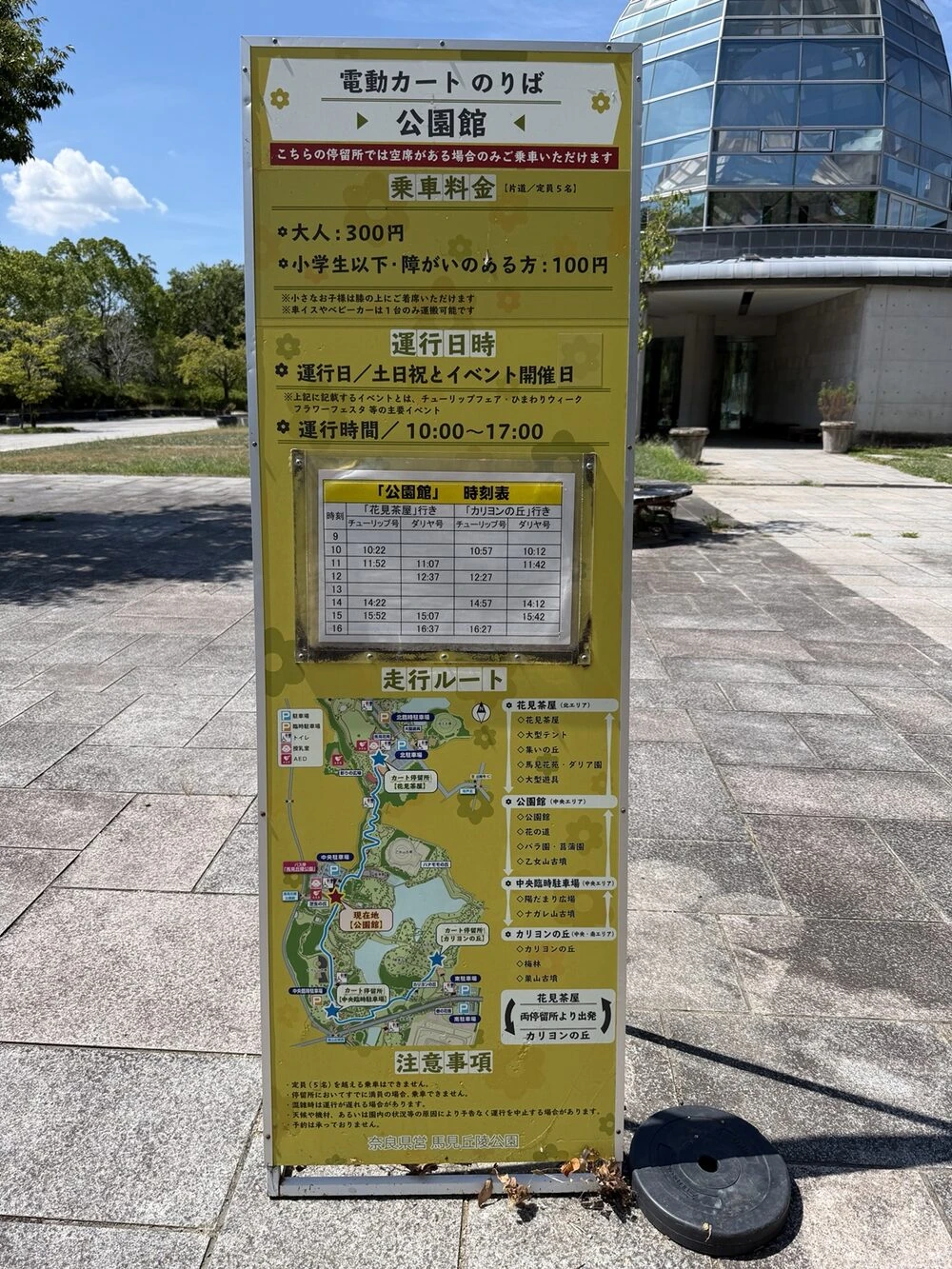 電動カートの料金、運行日、時刻表、走行ルートを示す案内板