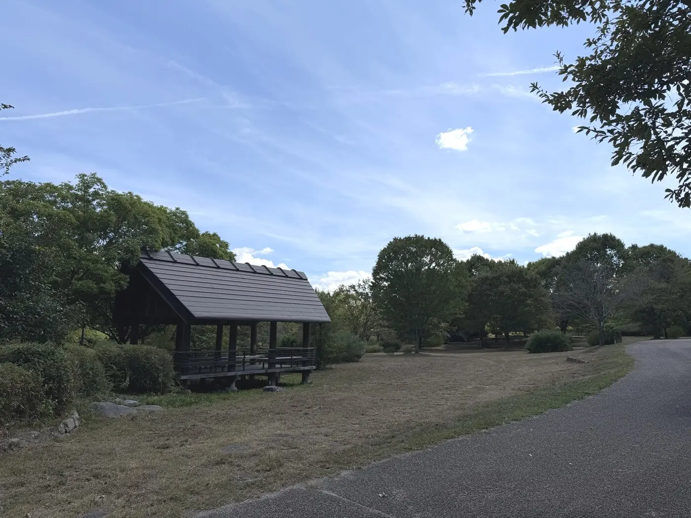 木々に囲まれた馬見丘陵公園の東屋と散策路